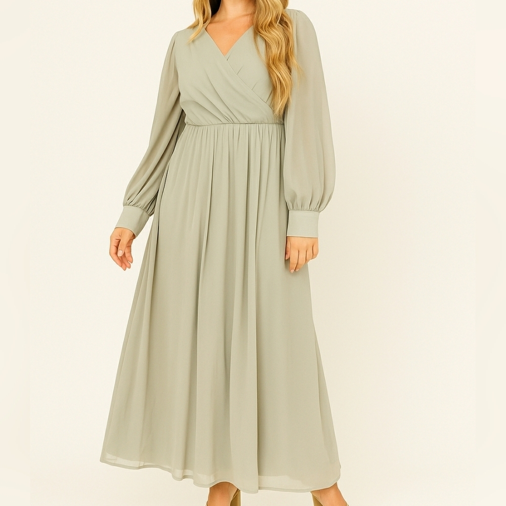 Ivy City Andie Maxi Dress Sage V-Neckline Long Sleeve